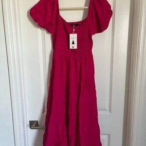 Women’s Zesica Pink Puff Sleeve High Waist Smocked Flowy Midi Dress